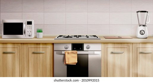 Kitchen interior with gas stove and microwave