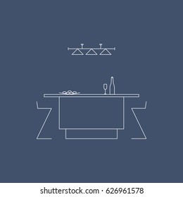 Kitchen interior in high-tech style. Interior design concept. Line vector illustration with table, chairs, lamp, bottle of wine, glass, fruit.