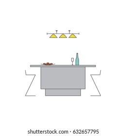 Kitchen interior in high-tech style. Interior design concept. Line vector illustration with table, chairs, lamp, bottle of wine, glass, fruit.