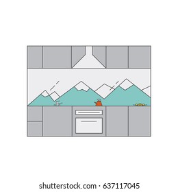 Kitchen interior in high-tech style. Interior design concept. Line vector illustration with kitchen set, window, oven, kettle, sink, fruit. 