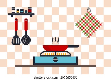 Kitchen interior, home dinner concept, flat icons set. Vector illustration isolated.