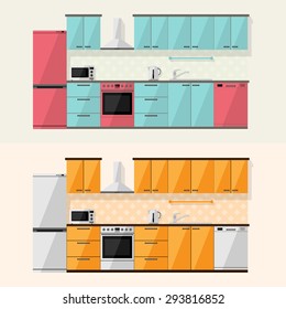 Kitchen interior and house appliances: microwave, refrigerator, gas stove, dishwasher, cooker hood, flat style illustration