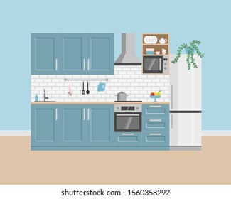 Kitchen interior with house appliances.Vector flat style. Illustration for shop of kitchens and shop of house appliances.
