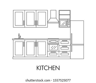Kitchen interior with house appliances.Vector in line art style. Illustration for shop of kitchens and shop of house appliances. Monochrome image

