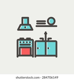 Kitchen interior icon thin line for web and mobile, modern minimalistic flat design. Vector icon with dark grey outline and offset colour on light grey background.
