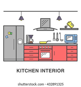 Kitchen interior illustration with appliances made in flat style.