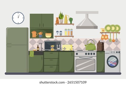 Kitchen interior illustration in green. Modern design. Cabinets and shelves, refrigerator, stove and washing machine. The space is equipped with everything necessary for cooking - toaster, microwave