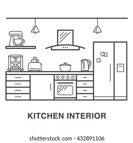 Kitchen interior illustration with house appliances made in line art style.