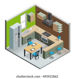  Kitchen interior isometric concept with fridge stove and table vector illustration 