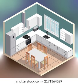 Kitchen interior isometric illustration on colorful bright gradient background