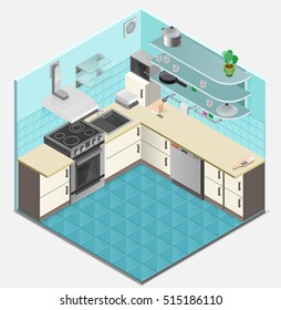 Kitchen interior isometric template with oven ventilation shelves table utensils sink in flat style isolated vector illustration