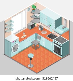 Kitchen interior isometric template with washer oven chair shelves microwave sink ventilation and appliances isolated vector illustration