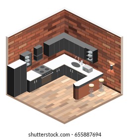 kitchen interior in isometric view. Illustration of loft apartment with brick wall.