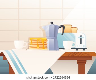 Kitchen interior with items on wooden desk vector illustration