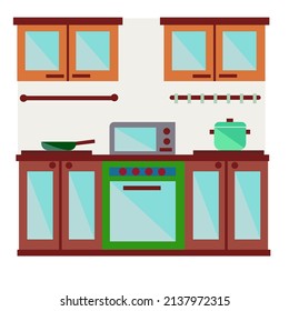 Kitchen interior with kitchenware and furniture. vector style.