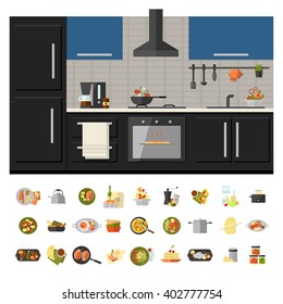 Kitchen interior with kitchenware. Set of kitchen and cooking icons.