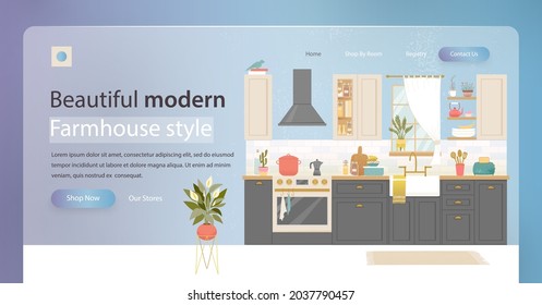 Cabecera de la página de aterrizaje interior de la cocina. El concepto de banner de diseño de mobiliario de cocina. El diseño de las habitaciones de la cena. Banner del sitio del mobiliario de casa. diapositiva de ilustración para muebles o sitio web de interiores.