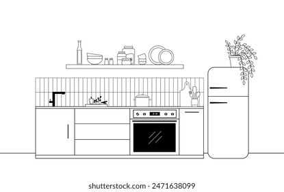 Kitchen interior in line art style. Kitchen furniture, utensils on shelves, dishes, fridge. Flat style vector illustration