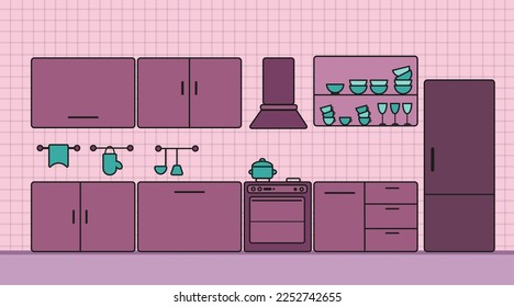 kitchen interior linear black stroke. room design plan with purple oven and refrigerator