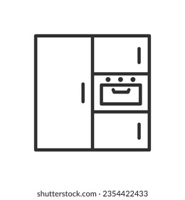 Kitchen interior, linear icon, cabinets, built-in appliances. Line with editable stroke