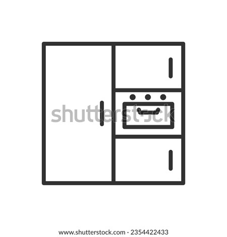 Kitchen interior, linear icon, cabinets, built-in appliances. Line with editable stroke