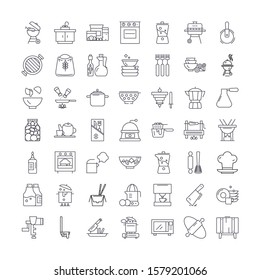Kitchen interior linear icons, signs, symbols vector line illustration set