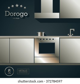 kitchen interior minimalist design. Dark blue color square background with kitchen equipment and emblem. Vector illustration