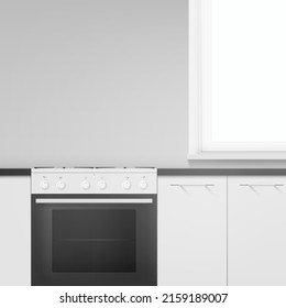 Kitchen interior minimalist gray white realistic template vector illustration. Modern cuisine apartment design cupboard counter and stove oven domestic dining indoor decoration. Room for cooking