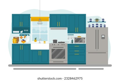 Kitchen interior in a modern and cozy house. Concept vector illustration in flat style.