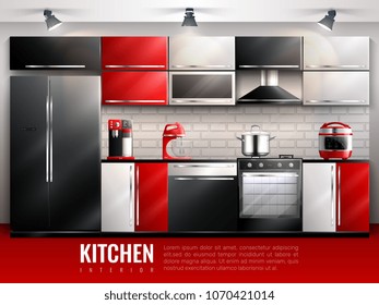 Kitchen interior modern design concept in realistic style with household equipment appliances and utensil flat vector illustration
