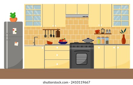 Kitchen interior, modern design. Kitchen utensils, refrigerator and wall cabinets, stove, spices in jars. Vector flat illustration. For advertising brochures, social networks and web pages.