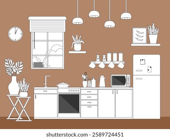  Kitchen interior with modern furniture. Linear sketch. Refrigerator and cabinets, shelves and stove. Kitchen utensils - dishes, spice jars, toaster and kettle. Vector illustration