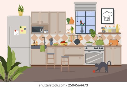 Kitchen interior with modern furniture. Refrigerator and cabinets, shelves and stove. Kitchen utensils - dishes, spice jars, toaster and kettle. Cat playing with a ball. Potted plants for coziness