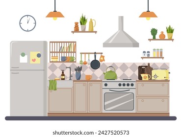 Kitchen interior, modern furniture. Kitchen utensils, refrigerator and cabinets, shelf with dishes. Sink and stove, spice jars, toaster and kettle. Flat vector. For advertising brochures, social