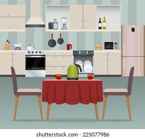 Kitchen Interior Modern Home Food Cooking And Dining Room Realistic Poster Vector Illustration