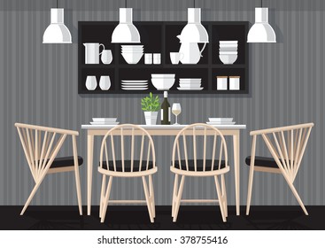 Kitchen interior modern home food cooking and dining room realistic poster vector illustration