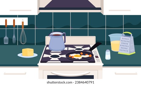 Kitchen interior with morning food cooking on heat of gas oven vector illustration. Cartoon iron frying pan with fried egg and bacon and coffeepot with coffee for English breakfast, cook process