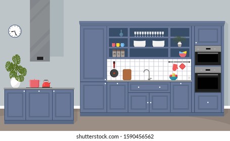 Kitchen interior in neoclassic style, trendy colors. Flat vector illustration