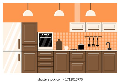 Kitchen interior in neoclassic style, trendy colors. Flat vector illustration isolated on white.