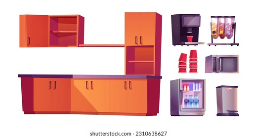 Kitchen interior in office vector furniture set. Canteen or break room with coffee machine, microwave, trash bin and snack illustration isolated on white background. Indoor eating hall court design