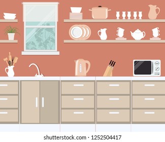 Kitchen interior in orange color. There is a microwave, a kettle, plates, cups, knives and other kitchen tools on a window background. There is also room flower on the shelf. Vector illustration
