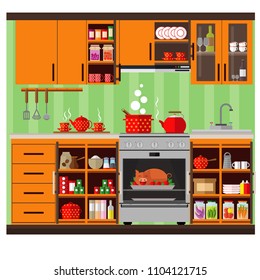 Kitchen interior in orange tones. Set of kitchen furniture, dishes and products. Vector illustration.