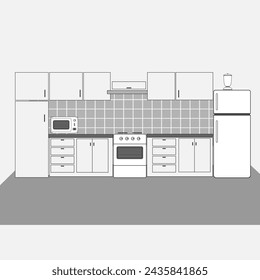 Kitchen interior in outline style. Vector linear illustration.