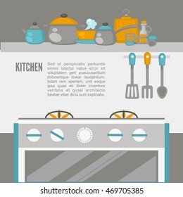 Kitchen Interior, pans on the stove, cooking. Vector illustration. Flat style.
