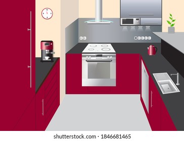 Kitchen interior perspective with equipment concept vector.
