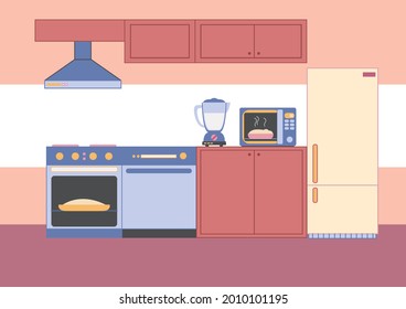 Kitchen interior in pink and blue. Refrigerator, oven and cooking cabinets. Restaurant or home kitchen. Vector illustration in flat style