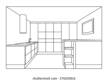 Kitchen interior plan. Draft of kitchen furniture. Linear sketch. Vector isolated.