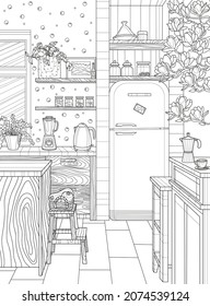 Kitchen interior with refrigerator, kettle, blender. Coloring book for adults. The interior of the room. Black and white illustration.