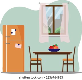 Cocina interior, frigorífico, mesa y sillas, ventana con cortinas. Ilustración vectorial para publicidad y folletos, folletos y folletos.