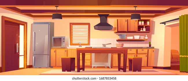 Kitchen interior in rustic house with wooden furniture and cooking appliances. Vector cartoon empty cuisine in western country style with fridge, microwave, stove and vintage dining table